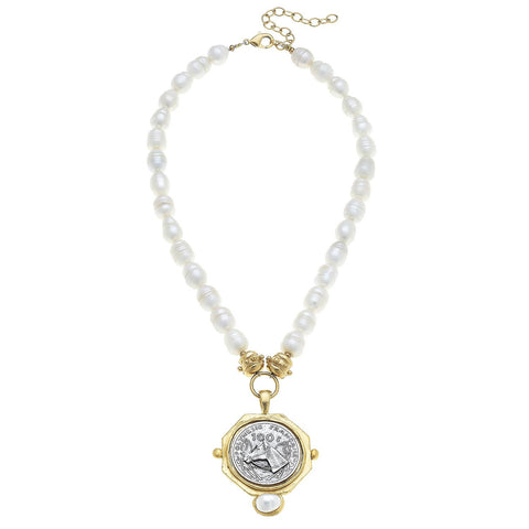 Gold and Silver Horse Franc with  Pearl Necklace