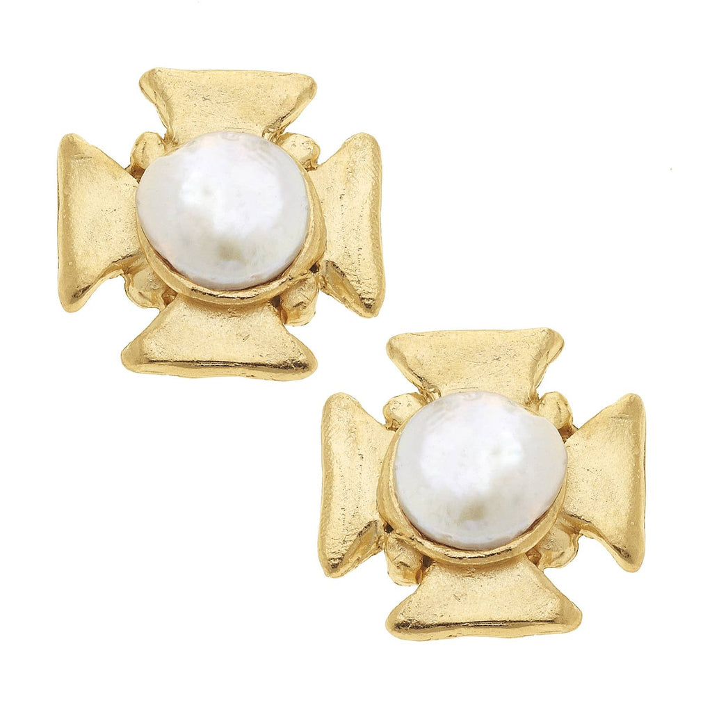 Gold Cross with Genuine Freshwater Pearl Pierced Earrings