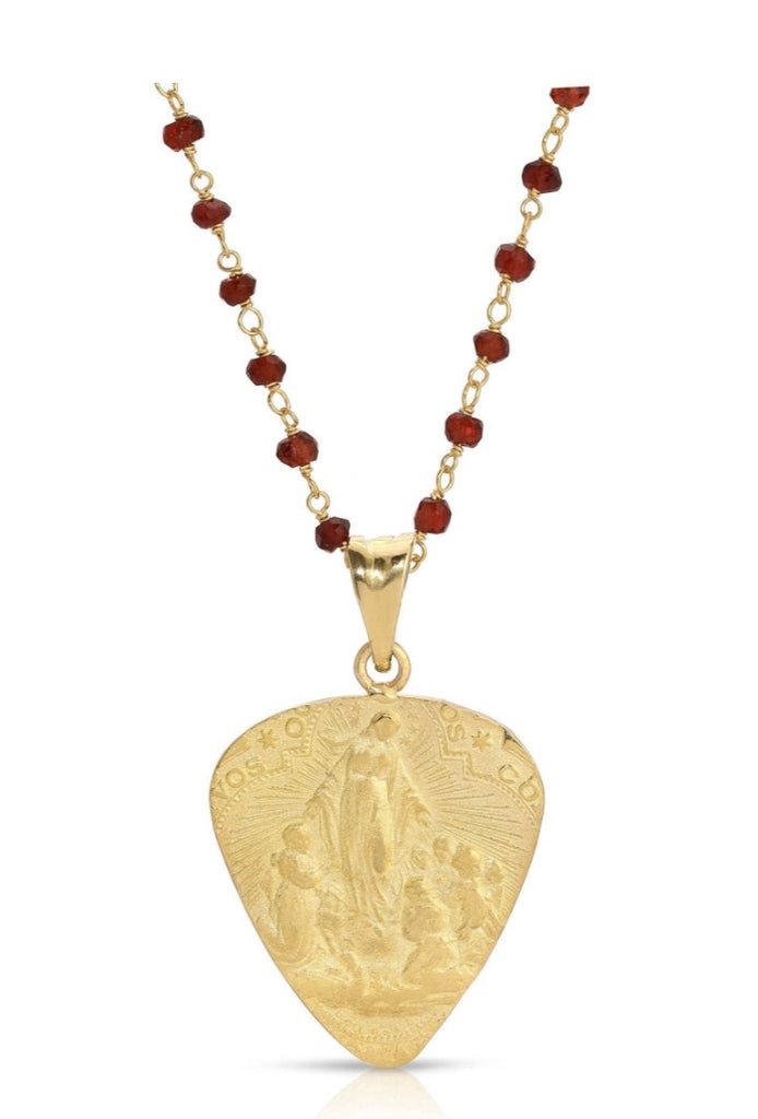 Garnet Mother Mary Pendant Necklace