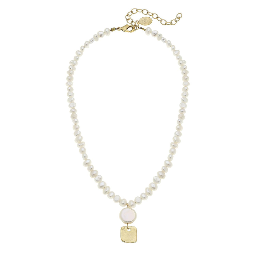 Dainty Gold Square + Coin Pearl Necklace