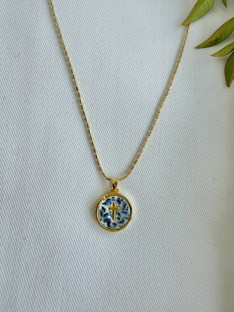 Blue China and Cross Necklace