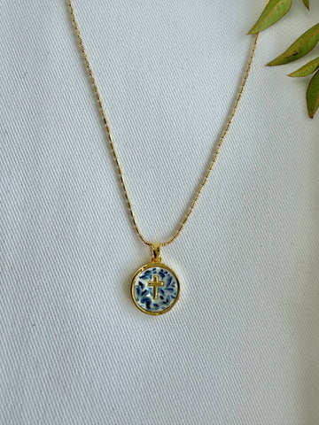 Blue China and Cross Necklace