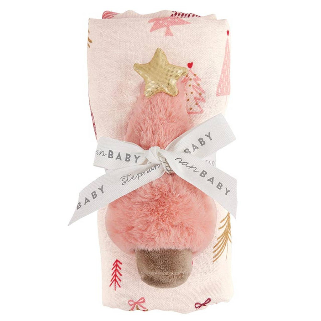 Swaddle with Pink Tree Plush Rattle