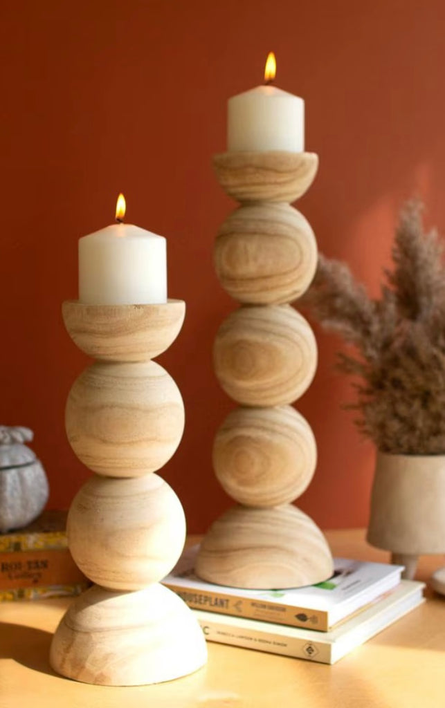 Hand Carved Wooden Stacked Ball Candleholder Set