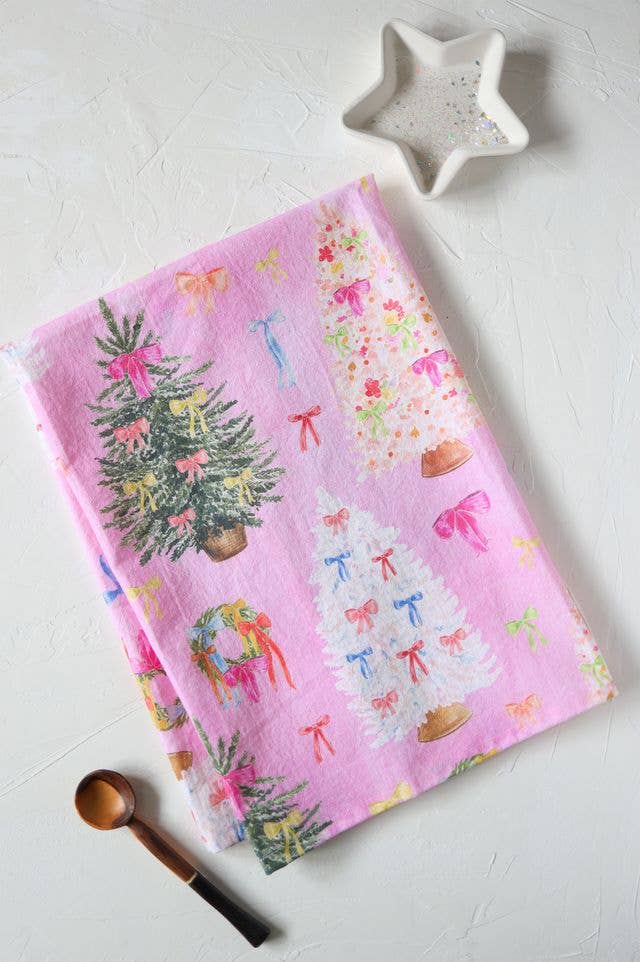 Pink Ribbon Christmas Tree Tea Towel