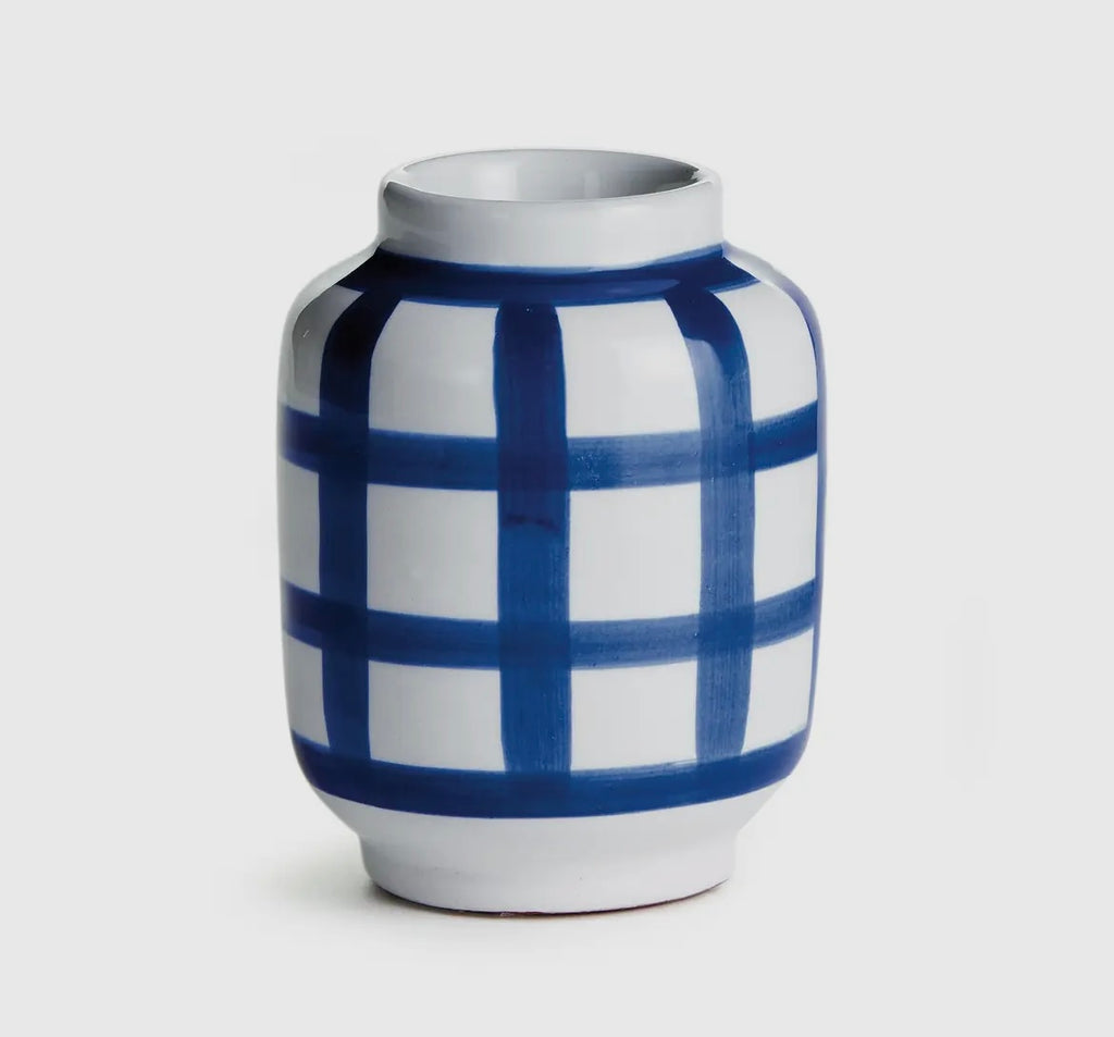 Blue & White Plaid Ceramic Vase