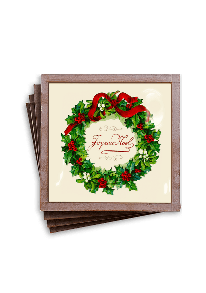 Joyeux Noel Wreath Christmas Copper & Glass Coaster Set