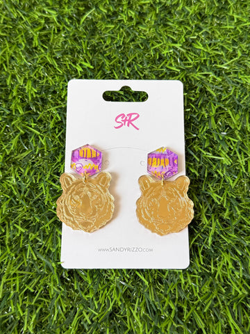Tiger Dangle with Purple and Gold Earrings