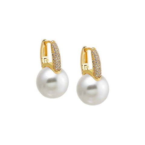 Pave X Drop Pearl Square Huggie Earrings