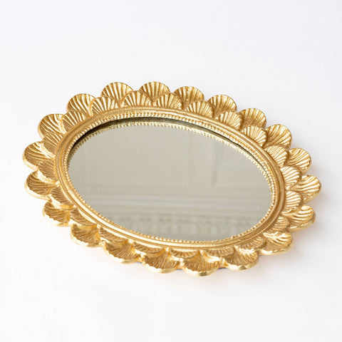Gold Scalloped Round Mirrored Tray