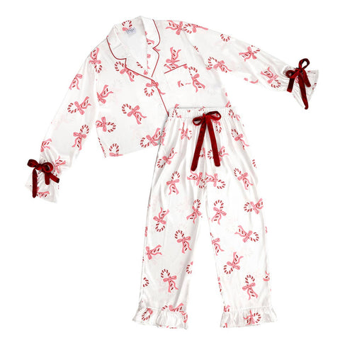 Ruffled Candy Canes PJ Set with Velvet Ties