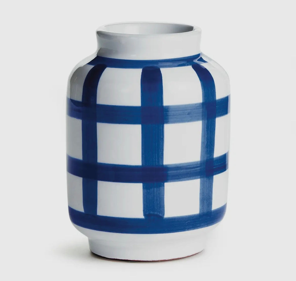 Blue & White Plaid Ceramic Vase