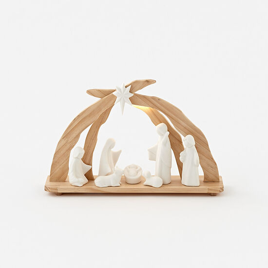 Ceramic & Wood Lighted Nativity