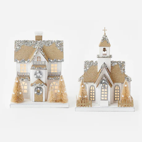 Lighted Holiday House and Church