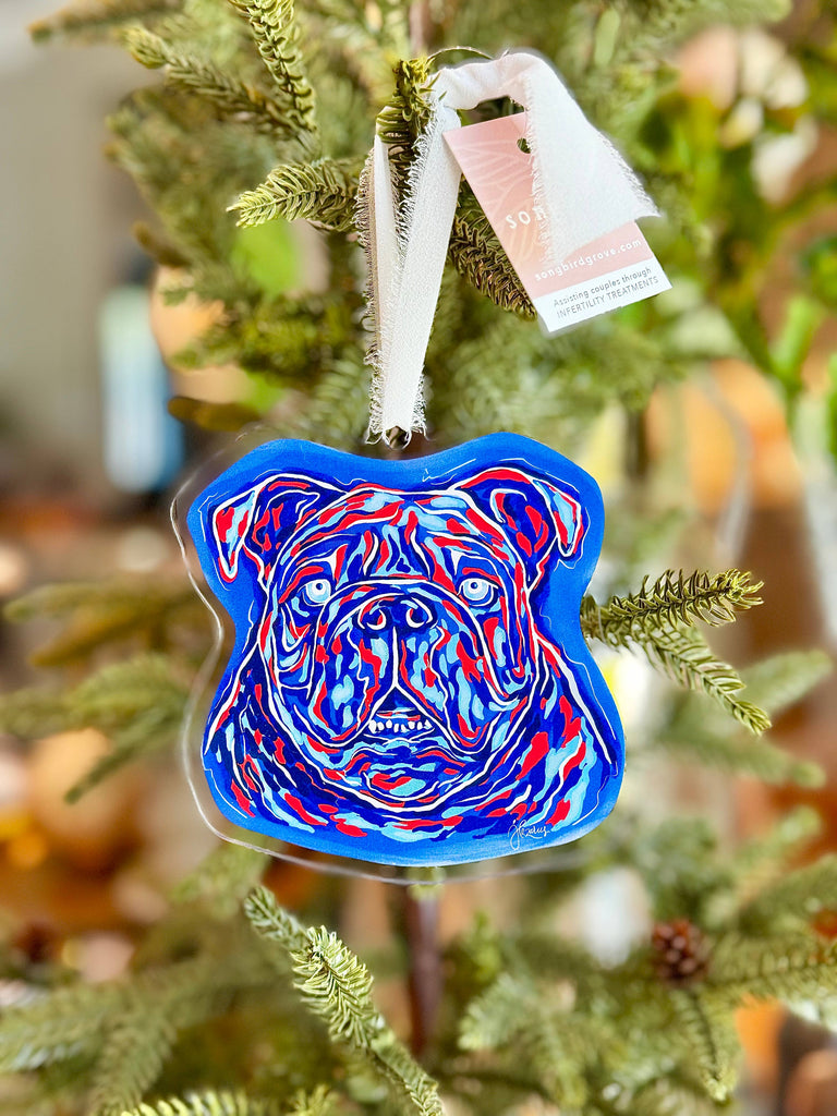 Songbird Grove Collection - Acrylic Red and Blue Bulldog Christmas Ornament