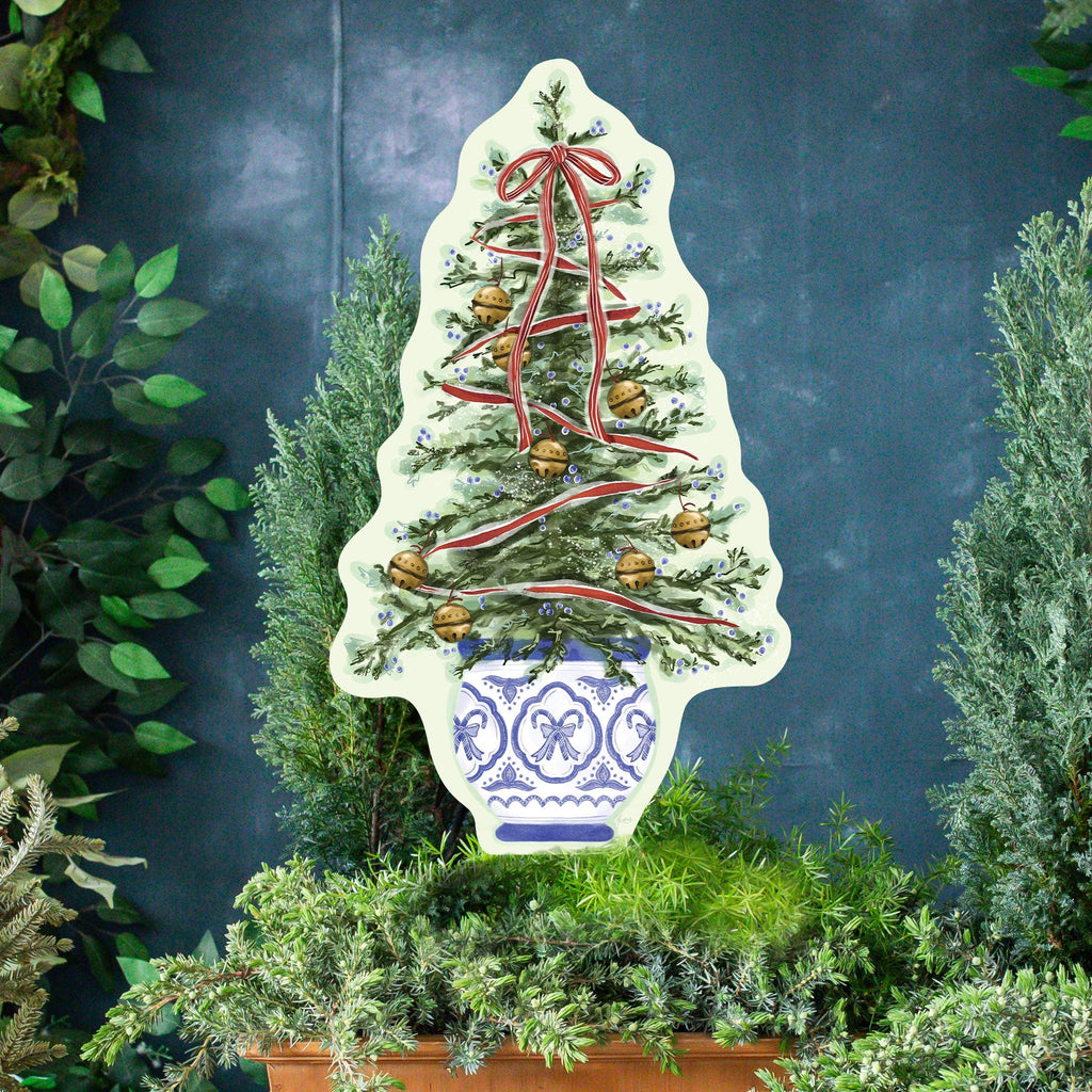 Christmas Tree in Blue Chinoiserie Planter Yard Art