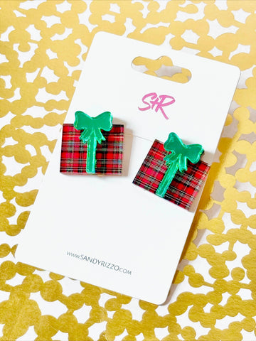 Red Plaid Christmas Present Stud Earrings