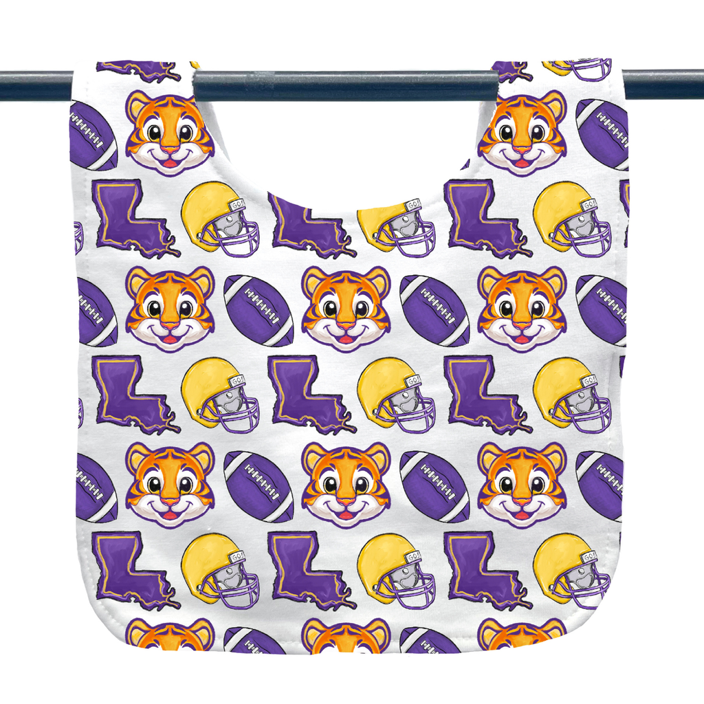 Purple and Gold Tiger Football Baby Bib