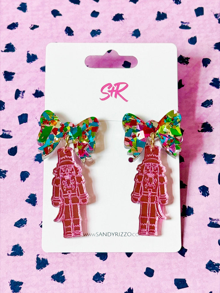 Pink Nutcracker with Electric Confetti Bow Earrings