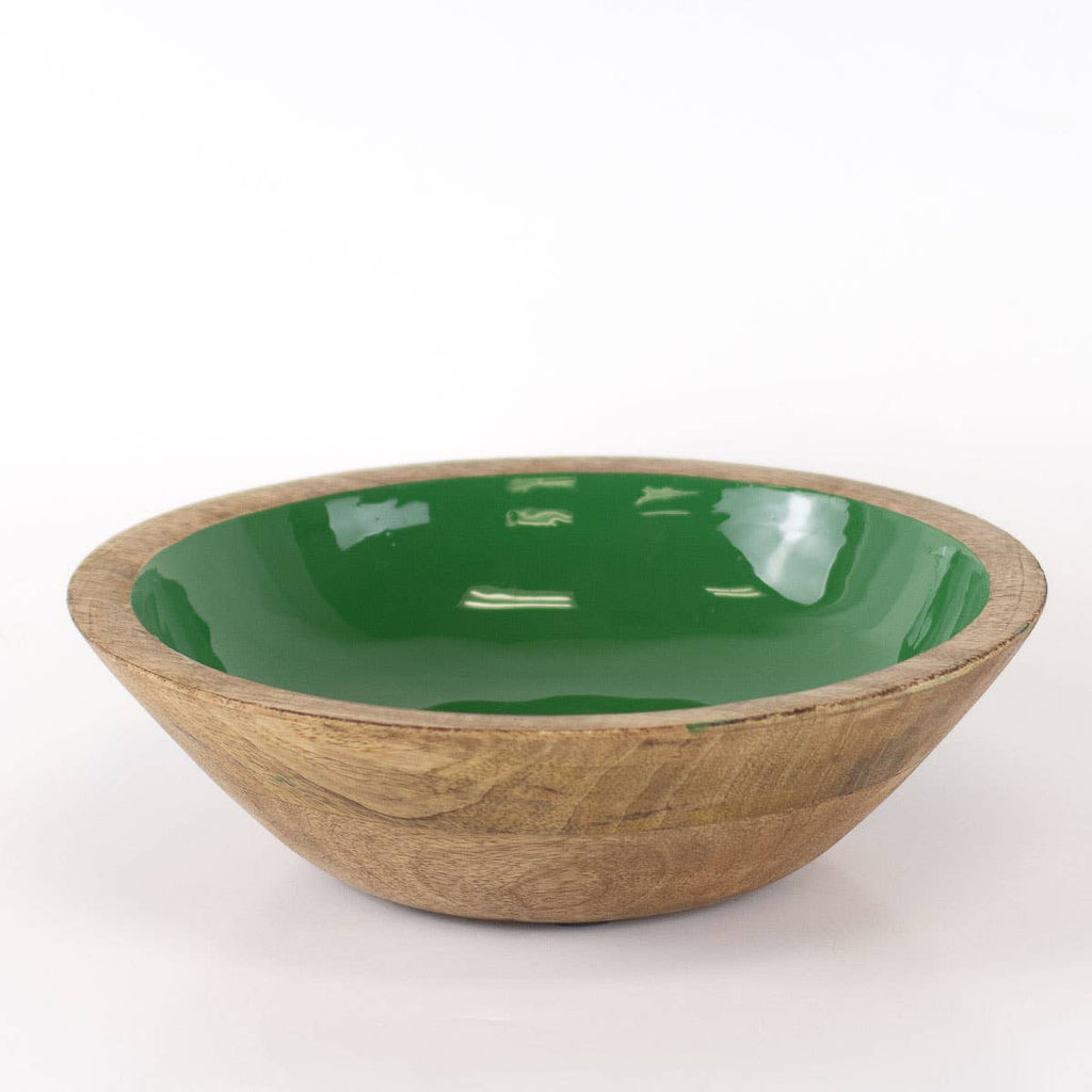 Green Enamel & Wood Serving Bowl