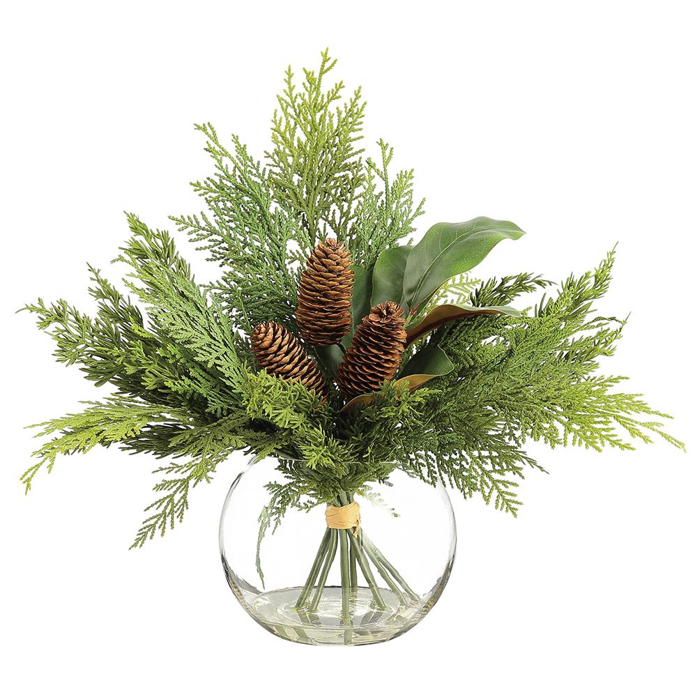Magnolia and Pine Glass Vase Arrangement