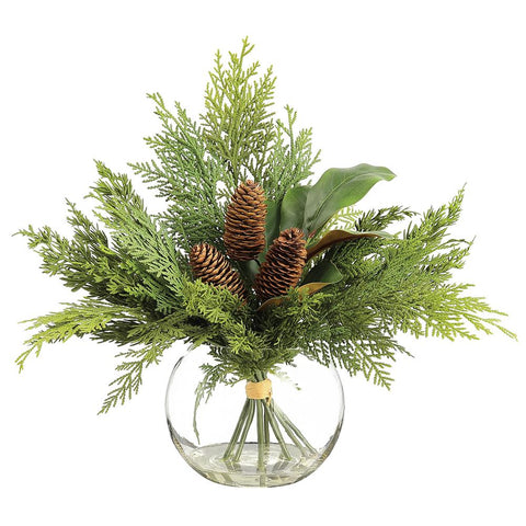 Magnolia and Pine Glass Vase Arrangement