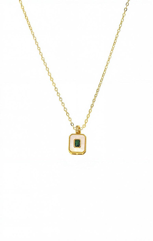 Green CZ & Mother Of Pearl Dog Tag Necklace