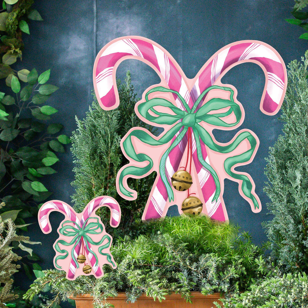 Songbird Grove Collection - Large Pink Crossed Candy Canes with Green Bow Garden Stake