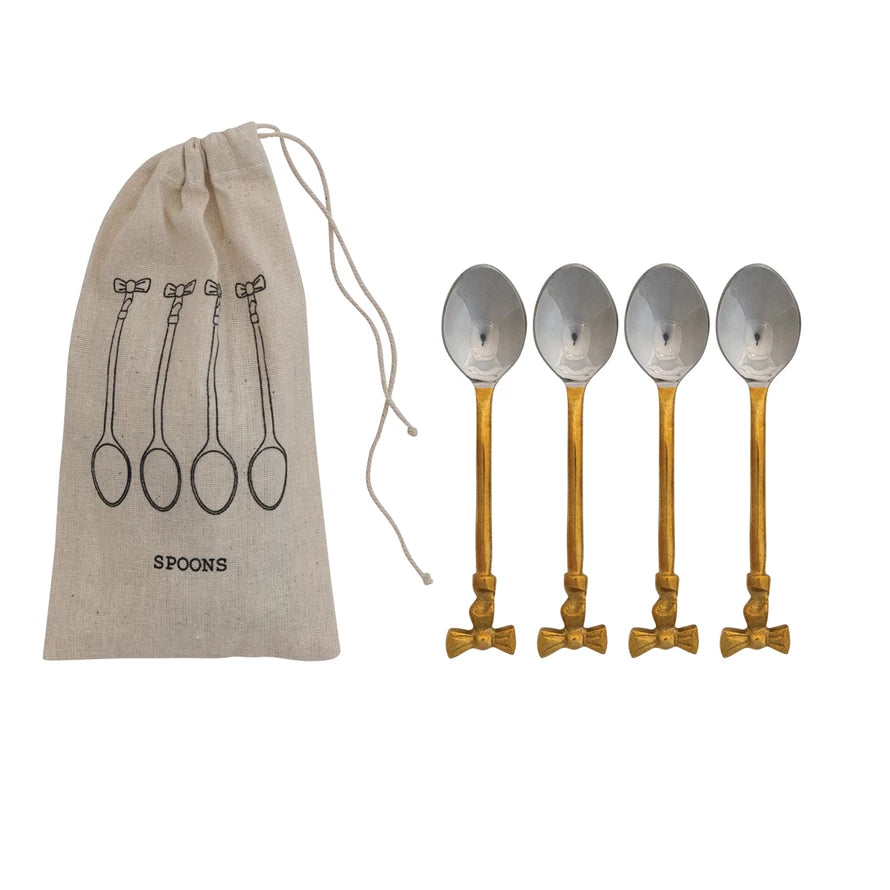 Brass and Stainless Stell Bow Handle Coffee Spoon Set