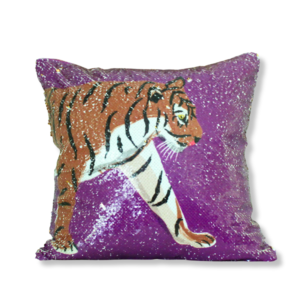 Purple Sequin Tiger Pillow