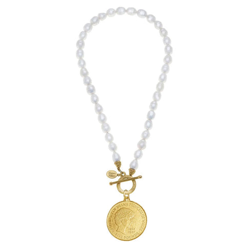 Princess Diana Coin on Front Toggle Pearl Necklace