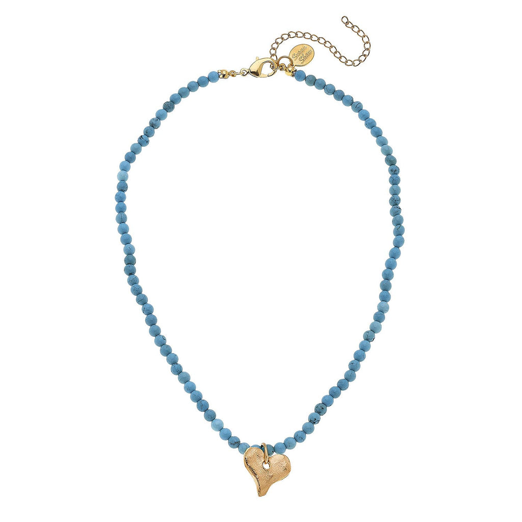 Gold Heart on Turquoise Beaded Necklace