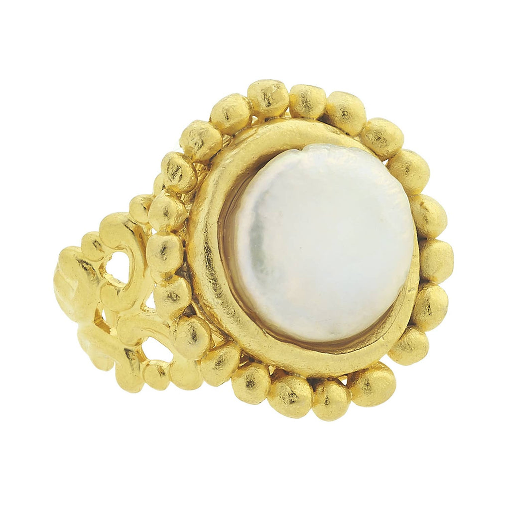 Handcast Gold Adjustable Ring with Genuine Freshwater Coin Pearl