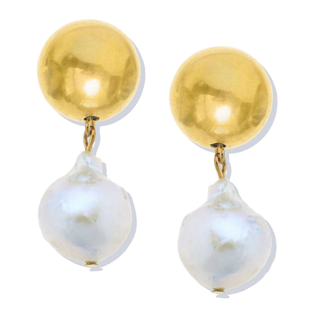 Gold Ball & Baroque Pearl Dangle Earrings
