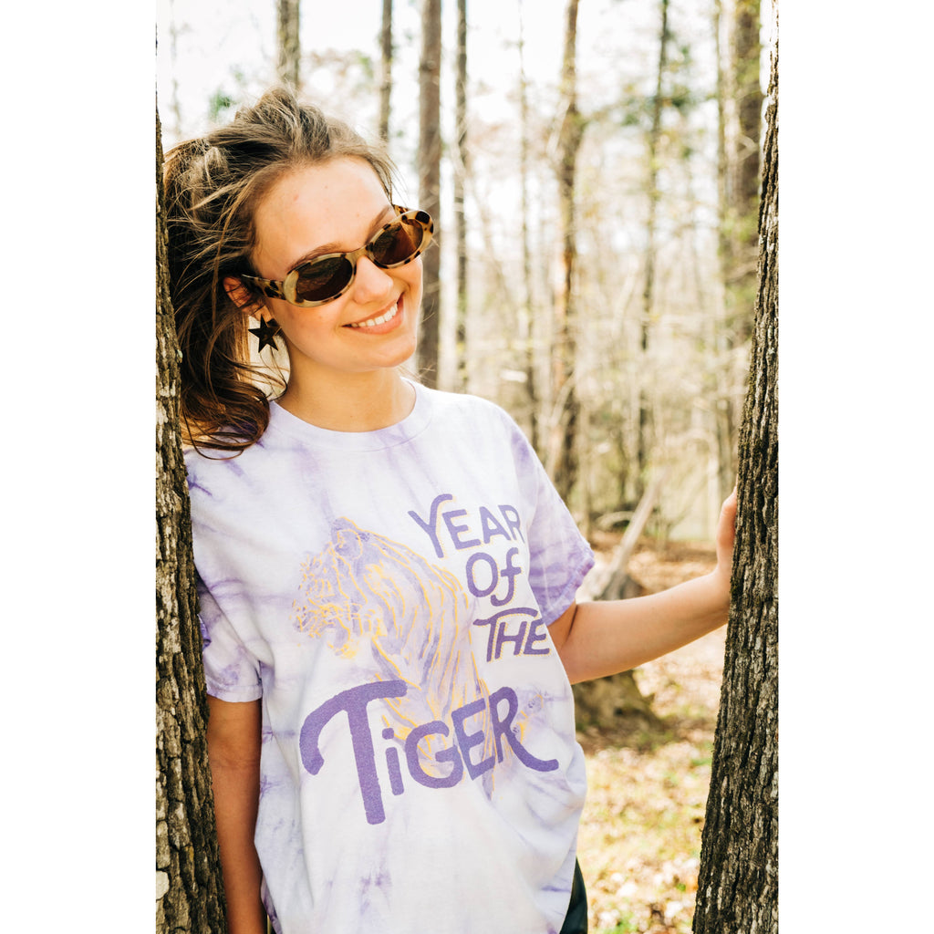 “Year of the Tiger” Tie Dye Tee - Purple & Gold
