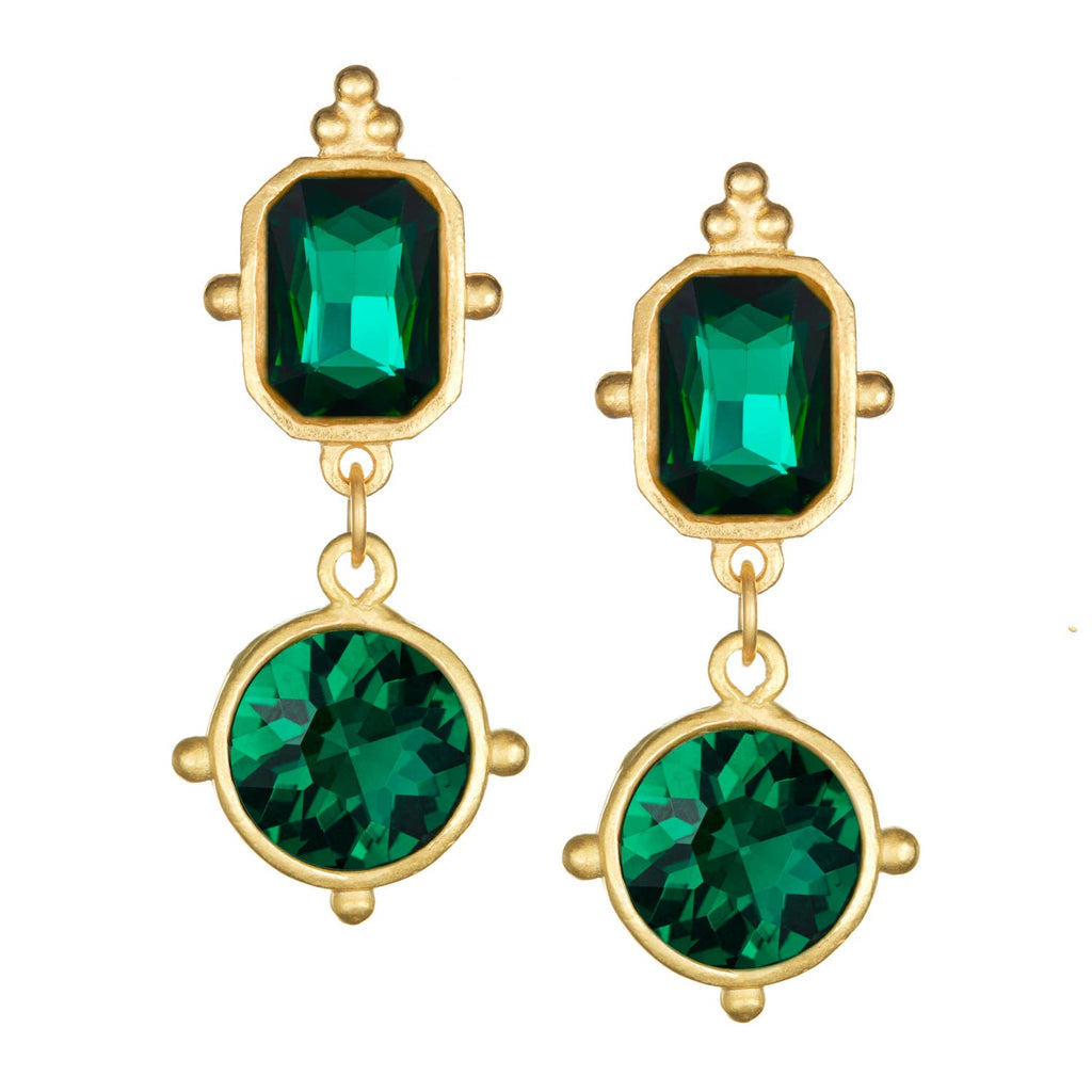Double Emerald Square & Round Crystal Drop Earrings