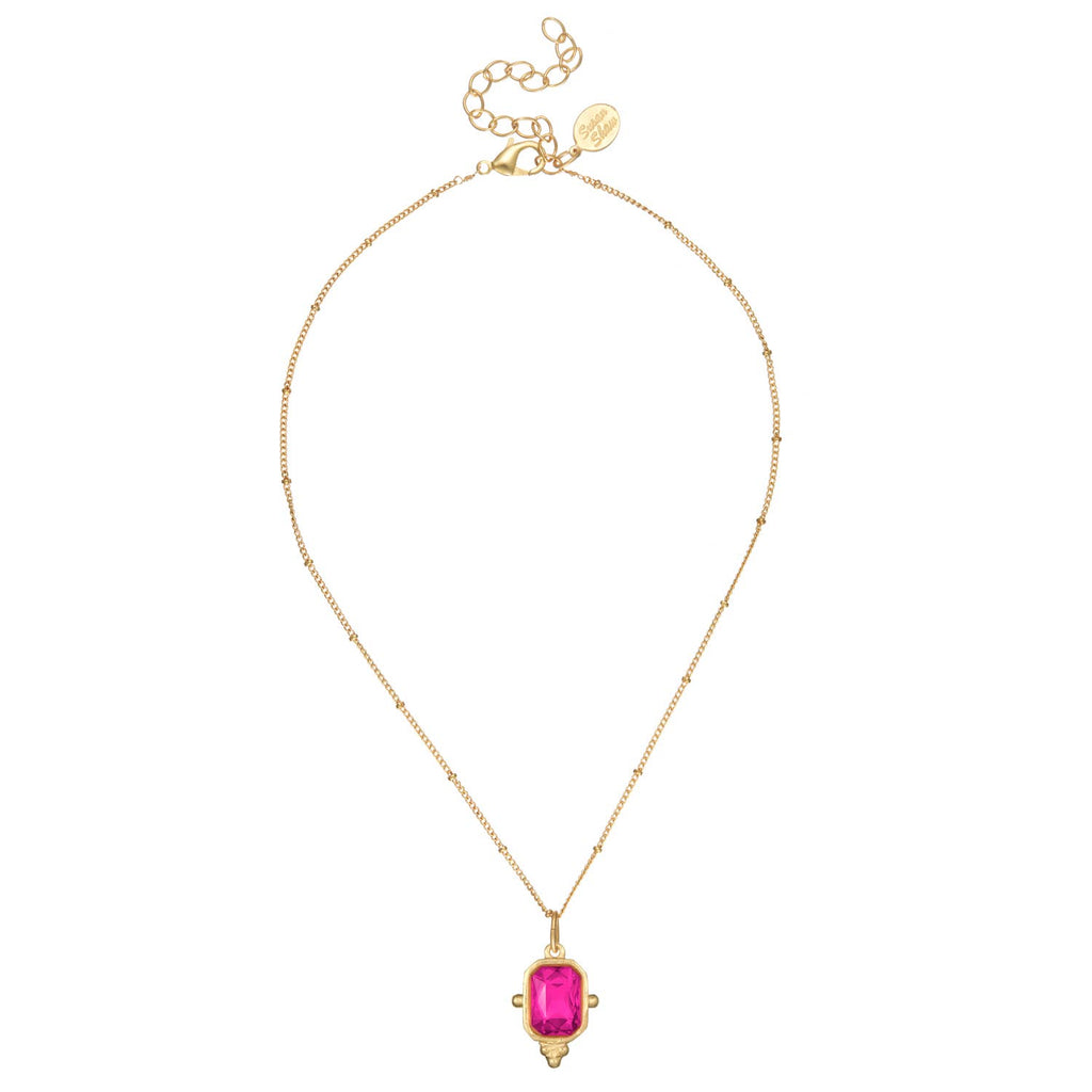 Hot Pink Rectangle Crystal Dainty Chain Necklace