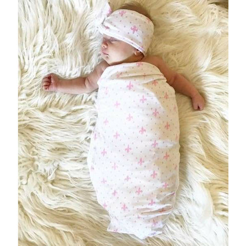 Fleur de Lis Swaddle + Headband/Hat Set | 4 Colors